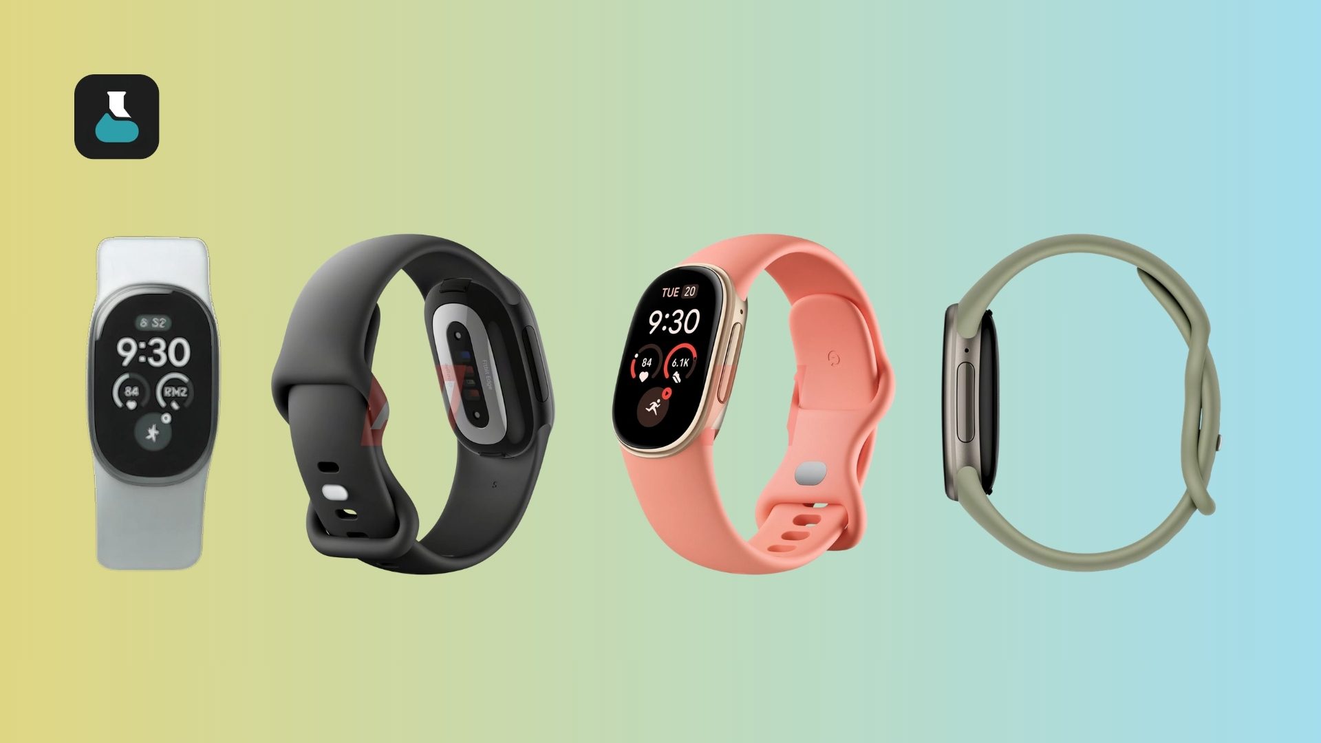 Coloris bientôt disponibles pour le Fitbit Edge, avec de gauche à droite : Fog & Polished Silver, Obsidian & Matte Black, Canyon & Champagne Gold et Olive & Satin Pyrite.